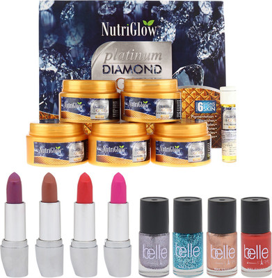 

NutriGlow SET OF 1 PLATINUM DIAMOND FACIAL KIT + 4 BELLE PARIS NAIL PAINTS + 4 LIPSTICKS(Set of 14)