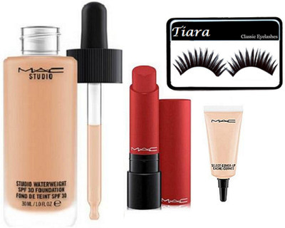 

tiara Eyelashes , Mac Select Cover Up Concealer , Studio water weight Foundation, liptensity Lipstick(Set of 4)