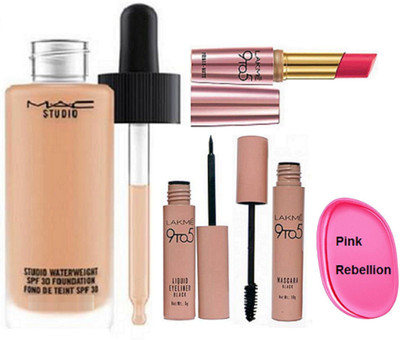 

Pink rebellion Silicone Puff & Studio Waterweight Foundation & Lakme 9 To 5 Eyeliner+Mascara & Lipstick(Set of 5)