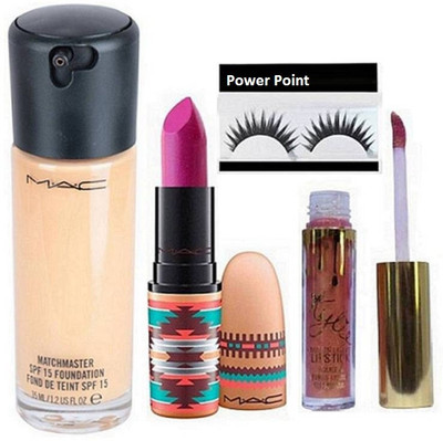 

powerpoint Eyelashes,Mac Matte Vibe Tribe Lipstick Flat Out Fabulous 3 gm With Matchmaster Liquid Foundation& Kylie Matte Liquid LipglosS(Set of 4)