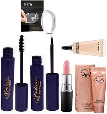 

tiara Silicon Puff , Mac Padma Eyeliner & Mascara , Lipstick , Select Cover Up Concealer , Lakme 9to5 Weightless Mousse(Set of 6)