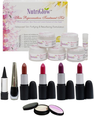 

NutriGlow "Set of 4 Lipsticks + 1 Eye liner + 1 Kajal + 1 Skin Rejuvenation fairness facial kit + 1 Compact ( 5 in 1 ) "(Set of 8)