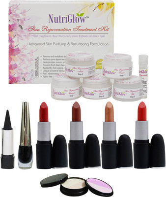 

NutriGlow "Set of 4 Lipsticks + 1 Eye liner + 1 Kajal + 1 Skin Rejuvenation fairness facial kit + 1 Compact ( 5 in 1 ) "(Set of 8)