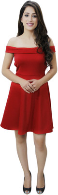 CRAZEVILLA Women Fit and Flare Red Above Knee/Mid Thigh Length Dress