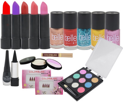 

Belle Set of 5 lipsticks,5 nailpaints,1 eye liner,1 kajal,1 5-in-1 compact,1 eye shadow,1 sindoor,2 bindi packets(Pack of 8)