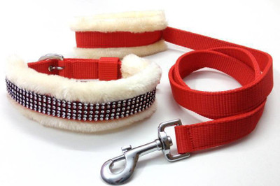 

PET HUB Dog Collar & Leash(, RED 1.25 INCH NYLON WITH MINK FUR