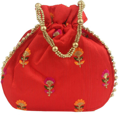 

bagaholics Ethnic Silk Potli Batwa Pouch Bag with Embroidery Potli(Red)