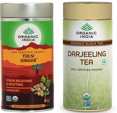 

Organic India Tulsi Ginger 100g & Darjeeling Black Tea, 100g Ginger Tea(200 g, Tin)