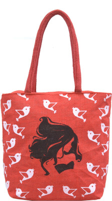 

AGGDA Women Waterproof Jute with Girl and Sparrow Printed Tote Shoulder Bag Handbag Eco-Friendly with Zip with Inner Pocket Waterproof Lunch Bag(Red, 16 L)
