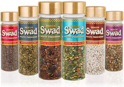 

Swad Mouth fresheners Set of 6 Bottles Sweet Saunf, Royal Fresh Mix, Special Mumbaiya Mix, Special Calcutta Paan, Roasted Saunf, Roasted Alsi, (Pack of 6), 585 gm Mouth Freshener(Pack of 6)