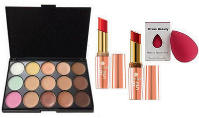 

divas beauty Spouge Puff , 15 Shade Pallete ,Lakme 9to5 Lipstick(Set of 4)