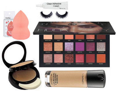 

dazzling Sponge puff, Mac Matchmaster Foundation, Two Way Compact, Huda Beauty Desert Dusk Eyeshadow Palette & Eyelashes & lashes glue (Set of 6)(Set of 6)