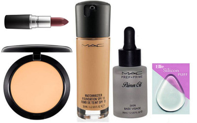 

Ellie Silicon Puff With Mac Match Master Foundation & Studio Fix Compact & MAtte Finish Cyber Lipstick & Mac Prep+Prime Primer Oil(Set of 5)