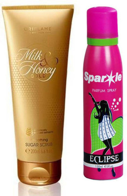 

Oriflame Sweden Milk & Honey Gold Smoothing Sugar - New Scrub (200 ml) with one sparkle perfume 150 ml(Set of 2)