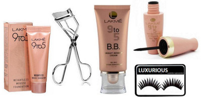 

luxurious Eyelashes,Lakme 9 TO 5 Waterproof Eyeliner & Eyelashes Curler With Weightless Mousse Foundation 6 gm & BB Cream(Set of 5)