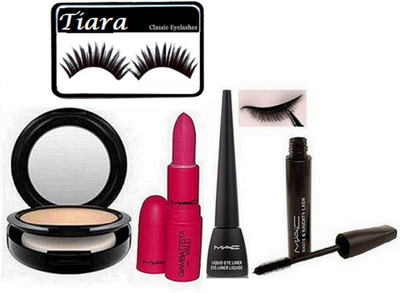 

tiara Eyelashes ,Mac liquid eye liner , studio fix compact, matte finish lipstick & haute naughty mascara(Set of 5)