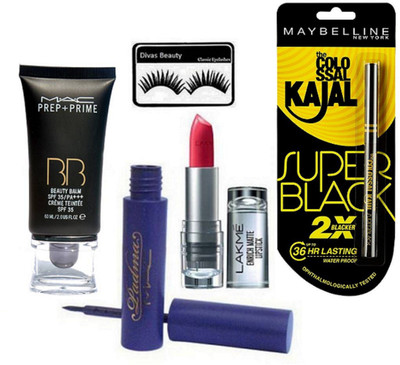 

divas beauty Eyelashes With Mac Padma Liquid Eyeliner, Prep+Prime BB BEauty Balm Cream Foundation & enrich Matte Finish Long Lasting Lipstick, New York Colossal Kajal, Super Black, 0.35g(Set of 5)