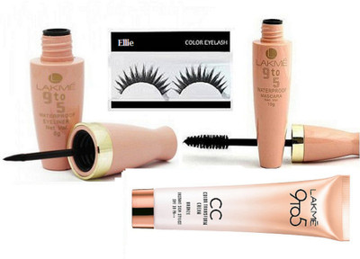 

ellie Eyelashes With Lakme 9to5 Eyeliner & Mascara,CC cream(Set of 4)