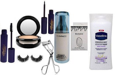

Exclusive Silicon Puff & Mac Matchmaster Foundation & Mac Compact & Padma Eyeliner & Mascara & Curler & Eyelshes & Vaseline Body Lotion(Set of 8)