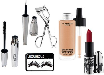 

luxurious Eyelashes,Brooke Candy Lipstick & Eyelashes Curler, Eyeliner ,Mascara With Studio Waterweight Foundation(Set of 6)