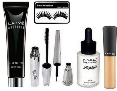 

Pink Rebellion Eyelashes & Lakme Absolute Blur Perfect Makeup Primer & Brooke Candy Eyeliner+Mascara & Highlighter & Minearlize Concealer(Set of 6)