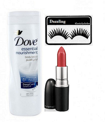 

Dazzling Eyelashes, Mac Matte Finish Lipstick & Dove Nourishment Body Lotion(Set of 3)
