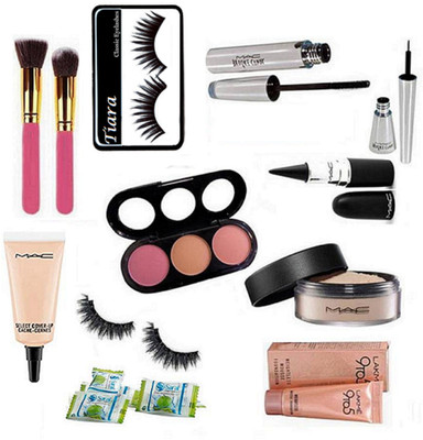 

tiara Silicone Puff, Mac 3 Shade Blusher, Loose Powder, Stick Kajal, Brook Candy Liner & Mascara, 9to5 Weightless Mousse Foundation, Make up Brush 2 With Eyelashes and Magic Napkin Pack of 3 , Select Cover up Concealer(Set of 14)