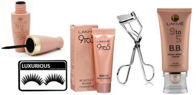 

luxurious Eyelashes,Lakme 9 TO 5 Waterproof Eyeliner & Eyelashes Curler With Weightless Mousse Foundation 6 gm & BB Cream(Set of 5)