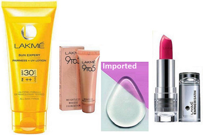 

Imported silicon Puff, Lakme Enrich Lipstick & Sunscreen lotion With Mousse Foundation(Set of 4)