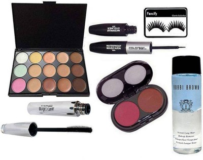 

fancify Eyelashes, Mac 15 Shades concealer Palette, 2 shades Blusher, Brooke Candy Mascara, Coloerbar 2in1 Mascara & Eyeliner, Bobbi Brown Instant Long Wear Makeup Remover(Set of 6)