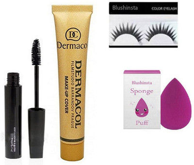 

blushinsta combo kit of mascara dermacol spong puff eyelashes(Set of 4)