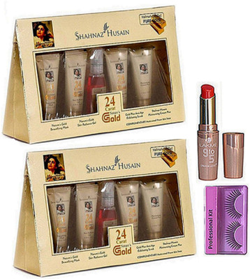 

Professional kit Eyelashes , Shahnaz_Husain 24 Carat Gold facial kit Pack of 2 & Lakme 9 to 5 Lipstick(Set of 4)