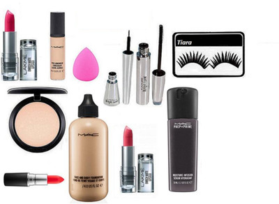 

tiara Eyelashes , Mac Compact , Infusion Serum , Face & Body Foundation , Pro Long Wear Concealer , Lakme Enrich Pack Of 2 , Matte Finish Lipstick , Brook Candy Eyeliner & Mascara , Spouge Puff(Set of 11)