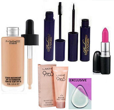 

exclusive Silicon Puff,Studio Waterweight Foundation,Padma Eyeliner,Mascara,Matte Lipstick & Lakme 9 to 5 Weightless Mousse Foundation(Set of 6)