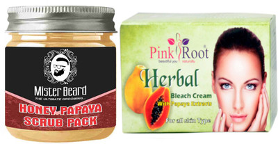 

Pink Root Herbal Bleach 250gm WITH Mister Beard Honey Papaya Scrub Pack 100gm(Set of 2)