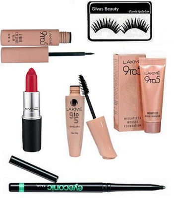 

divas beauty Eyelashes and eyeliner and mascara with mousse foundation 6 gm and Eyeconic kajal and Mac Matte Finish lipstick,Eyeconic kajal(Set of 6)