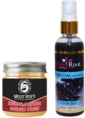 

Pink Root Charcoal Face Wash 100ml WITH Mister Beard Honey Papaya Scrub Pack 100gm(Set of 2)