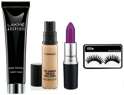 

ellie Eyelashes & Lakme Absolute Deep black Primer,Mac Pro longwear Concealer,Matte Finish Lipstick(Set of 4)