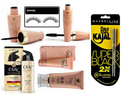

jenney Eyelashes With olay Cream,9to5 Mousse Foundation,Eyeliner And Mascara,BB Cream Bright Benefit, New York Colossal Kajal, Super Black, 0.35g(Set of 7)