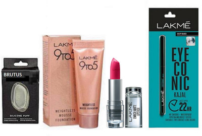 

BRUTUS Silicon Puff & Lakme 9 TO 5 Mousse Foundation,Enrich Lipstick & Eyeconic Kajal(Set of 4)