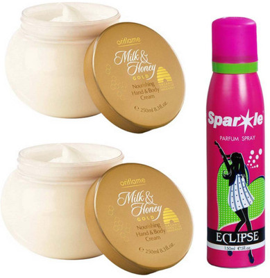 Oriflame Sweden Two Milk & Honey Gold Nourishing Hand & Body Cream 250 Ml With One sparkle perfume 150 ml(Set of 3)