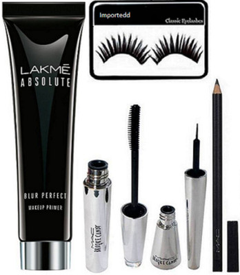 

importedd eyelashes, mac brook candy eyeliner and mascara, pencil kaj., lakme absolut face primer(Set of 5)