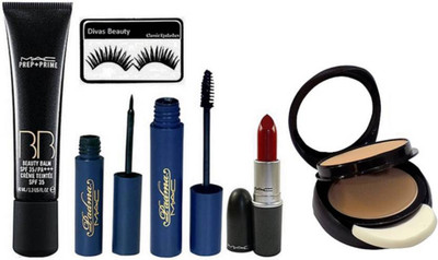 

divas beauty Eyelashes, Prep-Prime B B Cream Founation, Padma Eyeliner & Mascara, Lipstick, Two Way Compact(Set of 6)