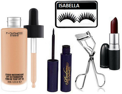

ISABELLA Eyelashes,Mac Padma Eyeliner, Eyelashes Curler,Matte Lipstick With Studio Waterweight Foundation(Set of 5)