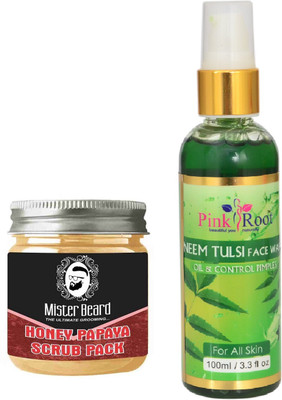 

Pink Root Neem Tulsi Face Wash 100ml WITH Mister Beard Honey Papaya Scrub Pack 100gm(Set of 2)