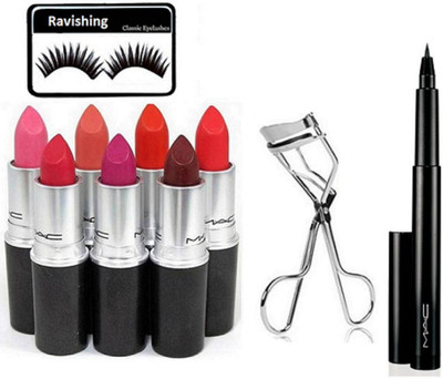 

ravishing Eyelashes & Matte Lipstick Set Of 7 Multicolor, Eyelashes Curler With Pen Eyeliner(Set of 10)