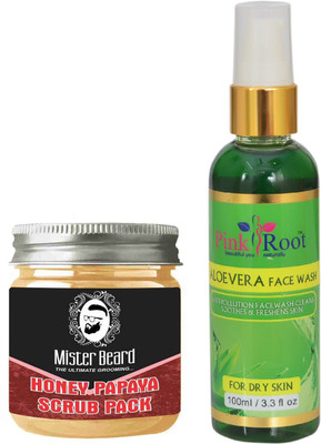

Pink Root Aloe Vera Face Wash 100ml WITH Mister Beard Honey Papaya Scrub Pack 100gm(Set of 2)