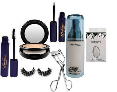 

Exclusive Silicon Puff & Mac Matchmaster Foundation & Mac Compact & Padma Eyeliner & Mascara & Curler & Eyelshes(Set of 7)