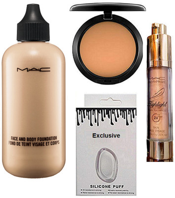 

Exclusive Silicon Puff & Face And Body Foundation & Mac Compact & Highlighter(Set of 4)