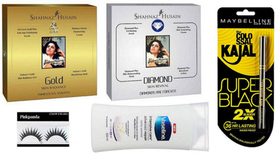

Pinkpanda Eyelashes With Shahnaz Husain Gold & Diamond Facial Kit & Dove Body Lotion, New York Colossal Kajal, Super Black, 0.35g(Set of 5)